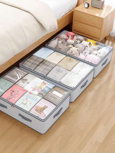 1 Storage Bag For Bed Underlay In See-Through Style, A Storage Bag For Blankets On The Top Of The Cabinet, A Storage Bag For Clothes In The Bed Bottom, A Storage Bag For Toys In The Bed Bottom, A Two-Way Alloy Zipper, A Foldable Design, A Widened, Bedroom Room Decor, Back To School