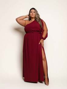 Women's Plus Size Long Dress With Single Sleeves And Slit And Delicate Belt - Redwood - View 1