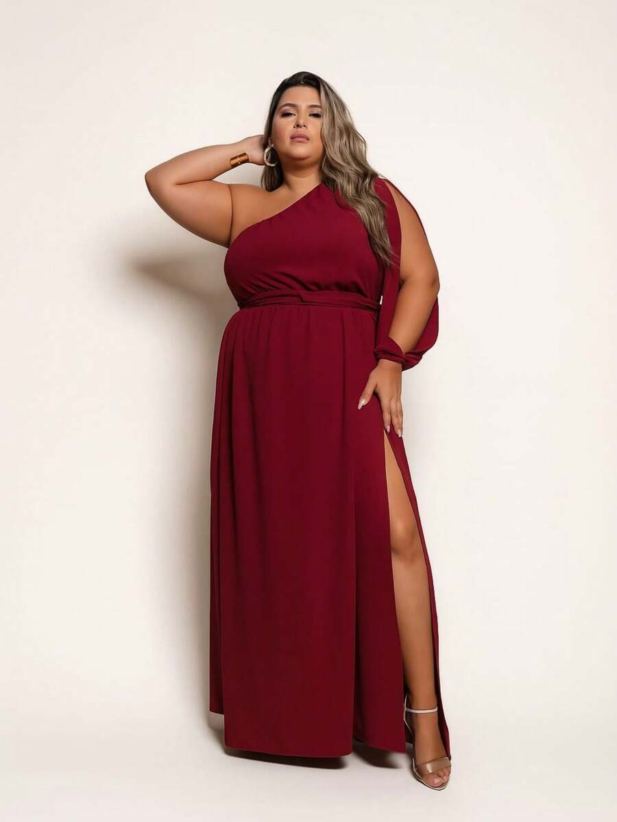 Women's Plus Size Long Dress With Single Sleeves And Slit And Delicate Belt - Redwood - View 1
