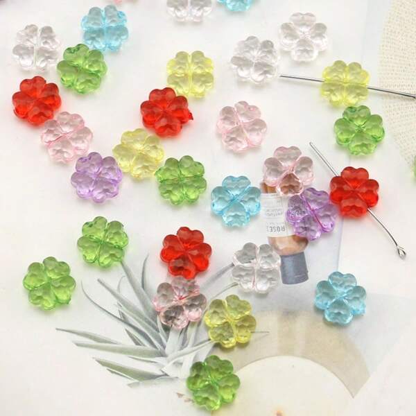 50pcs Assorted Color Lucky Four-Leaf Clover Transparent Acrylic Beads With Holes For Bracelet And Jewelry Making