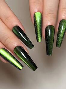 24 件长款棺材风格指甲贴，简约纯绿色猫眼设计，自然美甲套装（包含：1 件果冻凝胶、1 个指甲锉），适合女性日常约会、派对