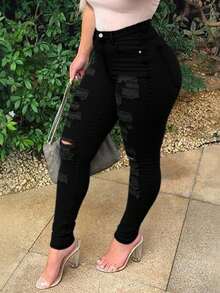 Ladies Ripped Jeans Pants - Stretchy Tear-Off Skinny Jeans Pants With Frayed And Zipper Closure Design Sexy Butt-Lifting Pants; Vintage Women's Summer Pants. - 黑色 - 查看 2