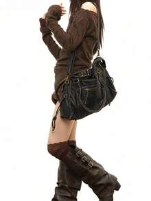 女士时尚街头朋克复古单肩包，大容量Y2K机车包，纯素皮革城市通勤包，可拆卸肩带斜挎包，适合日常使用和聚会，节日送礼佳品 - 黑色 - 查看 4