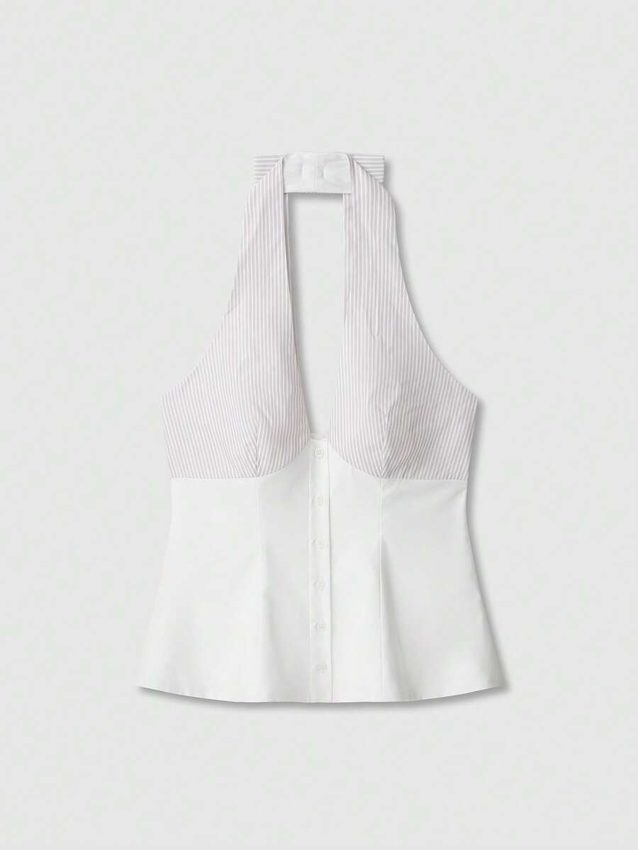 时尚条纹拼接露背蝴蝶结吊带上衣 白色夏季 - 白色 - 查看 1