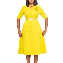 WOMEN'S Vintage Tea Dress, Short Sleeve Cocktail Party Dress Club Casual Dress - Yellow + Belt + Corsage - View 6