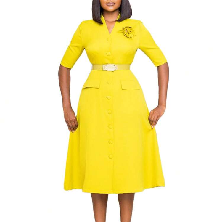 WOMEN'S Vintage Tea Dress, Short Sleeve Cocktail Party Dress Club Casual Dress - Vàng + thắt lưng + hoa đeo tay - Xem 6