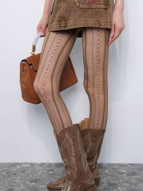 1pc Savage Growth Brown Vintage Lace Fishnet Lattice Jacquard Pantyhose