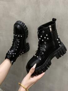 女式2025厚底休闲踝靴，系带，粗跟，防滑 - 黑色 - 查看 10