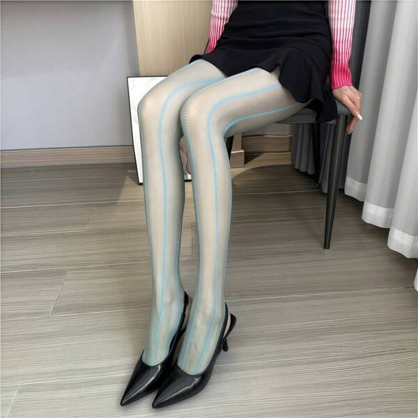 1 Pair Women Plus Size Blue Corn Spike Striped Tights/Stockings, Fishnet Black/White Retro Jacquard Leggings, High Waist Slimming, Elastic, Sexy, Vintage, Elegant, Office, French Retro, Japanese Sweet, Y2K Streetwear, Suitable For Dating, Shopping, Party, Commuting, Holiday, Photoshoot
