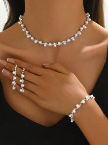 1pc Women's Pearl Necklace + 1 Pair Women's Pearl Earrings + 1pc Women's Pearl Bracelet, 4pcs Women's Fashion Pearl Jewelry Set, Suitable For Daily Wear, Wedding Dress, Music Festival, National Day, Halloween And Other Celebration Occasions - Gold - View 8