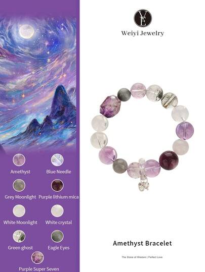  [VE] 1 Stück 925 Sterling Silber Armband mit natürlichen Multi-Edelstein-Kristallen, lila Amethyst, geeignet für sich selbst, den besten Freund, die Freundin, die Mutter, Unisex. Schmuckfarbe zufällig.