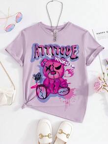 少女风格泰迪熊印花短袖柔软T恤，夏季休闲街头服饰，女童上衣 - 紫色 - 查看 2