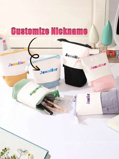 1PC Customized Colorful Name Pop-Up Pencil Box Personalized Pencil Box With Name Pencil Bag Retractable Pencil Holder Customized High Quality Corduroy Pencil Case: Simple, Stylish, Spacious, Suitable For Middle School Students, School Stationery, Back To School, School Supplies, Pencil Bags, School Bags
