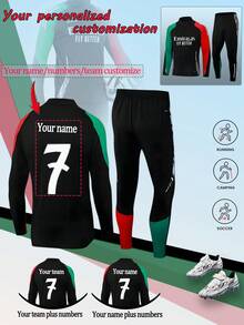 Dziecięcy spersonalizowany zestaw do treningu koni z cyframi i imieniem, czarno-czerwony, z poliestru i spandexu, z okrągłym dekoltem i zamkiem błyskawicznym, unisex, odpowiedni na imprezę piłkarską, weekendowy casual, bieganie, jogę, piesze wycieczki – odzież sportowa na jesień/zimę, odpowiednia do aktywności na świeżym powietrzu