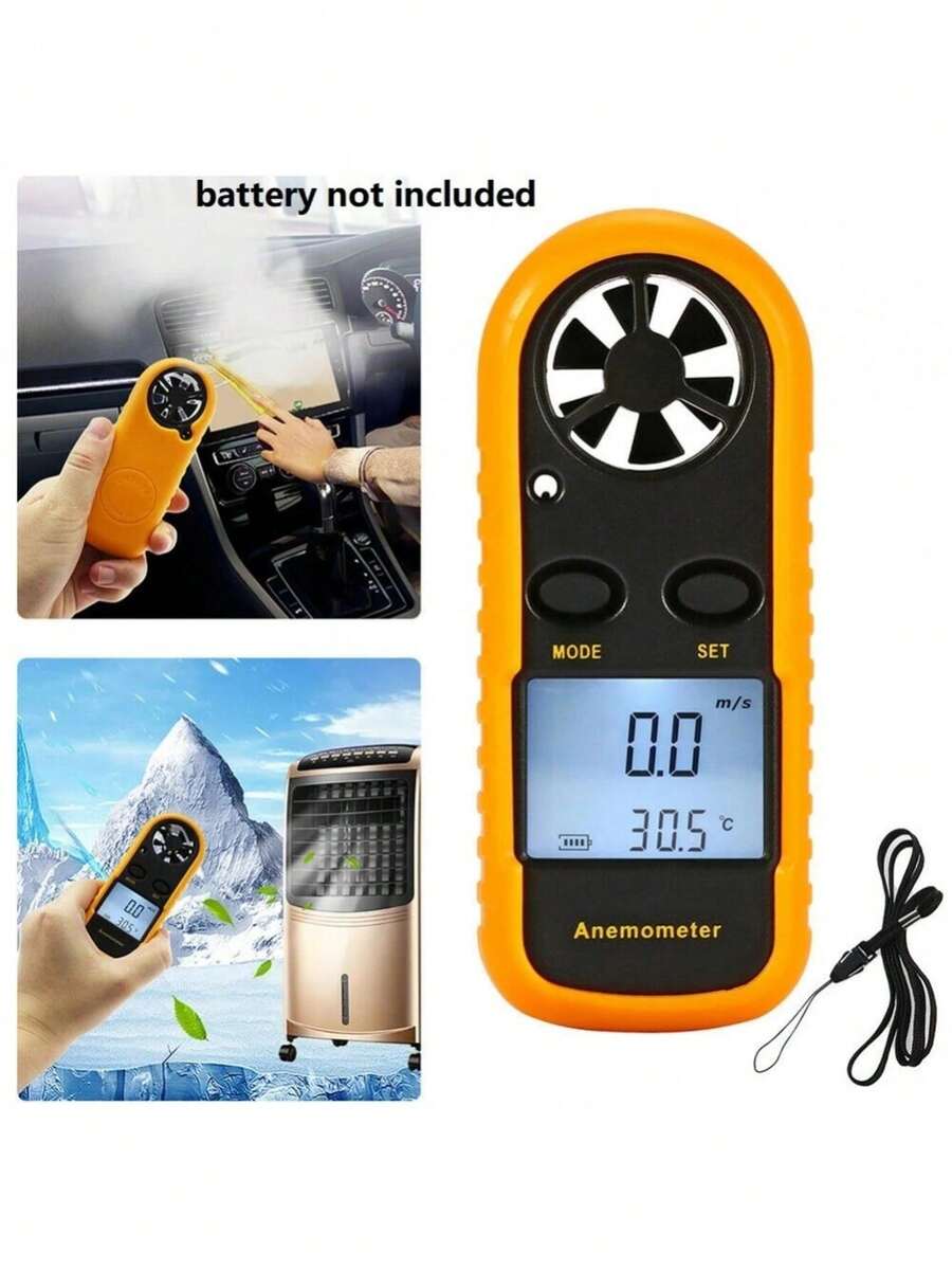 Anemômetro Digital Portátil 0-30m/s – Medidor de Velocidade do Vento e Temperatura Com Visor LCD Retroiluminado / Para Climatologia/ Náutica/ Drones e Esportes ao Ar Livre (-10°C a 45°C) - Amarelo - Visão 1