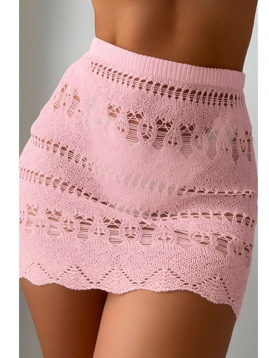Beach Cover-Up: Lace Crochet Knit Skirt With Elastic Waistband And Adjustable Waistband - Rosa Pálido - Ver 1