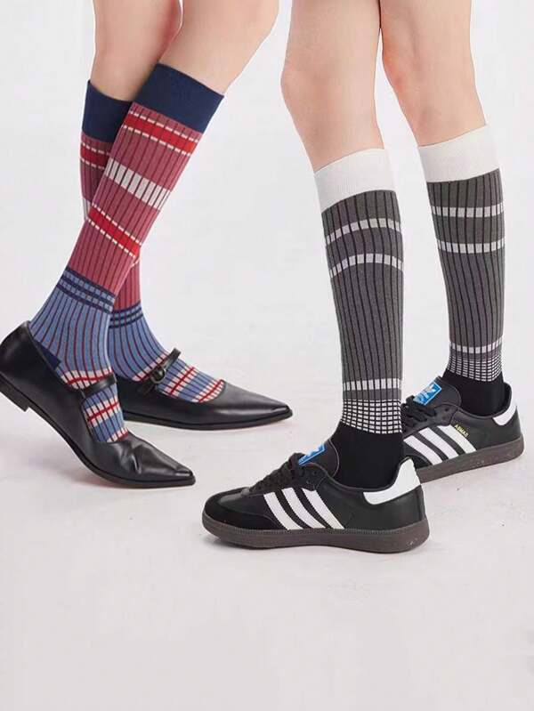 1 Pair Vintage Style Colorful Striped Mid-Calf Cotton Socks, Seamless Design, Independent Packaging, Suitable For Autumn/Winter