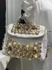 Ladies' Fashionable And Elegant Diamond Embellished Shoulder Bag, Luxurious Pearl Handbag, Large Capacity Banquet Crossbody Bag, Perfect For Daily Use And Dinners - 白色 - 查看 2