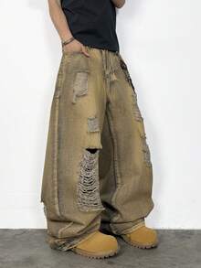 1pc Vintage Distressed Wide Leg Jeans, Loose & Comfortable American Streetwear Fashion, Suitable For All Seasons (Belt And Accessories Not Included) - Bronze - View 3