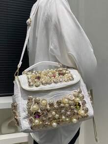 Ladies' Fashionable And Elegant Diamond Embellished Shoulder Bag, Luxurious Pearl Handbag, Large Capacity Banquet Crossbody Bag, Perfect For Daily Use And Dinners - 白色 - 查看 3