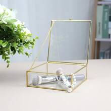Minimalist Home Decor Desktop Ornament, Transparent Glass With Pure Copper Edging, Embedded Glass Vanity Organizer Box, Cosmetic Display Dust-Proof Jewelry Box - Gold - View 3