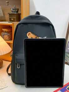 Minimalist Solid Color Multi-Functional Large Capacity Student Backpack, Back To School - Black - View 7