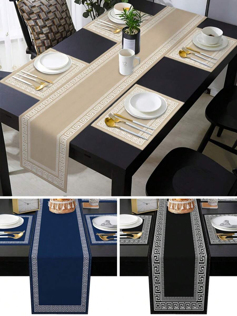 Set de mantel de estilo griego, que incluye manteles individuales lavables y mosquetes en negro, azul y beige con patrón geométrico de líneas florales, adecuado para comedor, sala de estar, cocina, decoración del hogar, contra decoración en estilo vintage, estampado minimalista de doble color o sólido, antideslizante, fácil de limpiar, regalo ideal, multiusos, suave y fácil almacenamiento - Multicolor - Ver 1