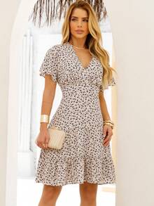 Women's Short Dress With Flare Sleeves And V-Neckline – Loose And Romantic - View 1