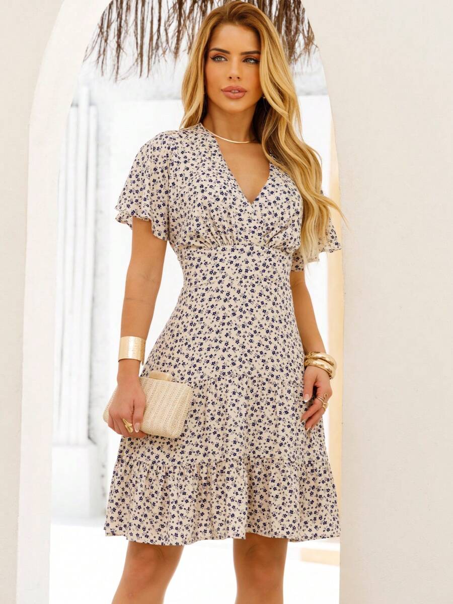 Women's Short Dress With Flare Sleeves And V-Neckline – Loose And Romantic - View 1
