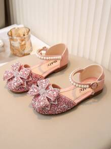 1 Pair Girls Princess Bow Rhinestone Teddy Bear Casual Versatile Flat Sandals, Open Toe Beach Flat Sandals Suitable For Toddler/Kids/Little Girls