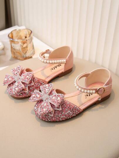 1 Pair Girls Princess Bow Rhinestone Teddy Bear Casual Versatile Flat Sandals, Open Toe Beach Flat Sandals Suitable For Toddler/Kids/Little Girls