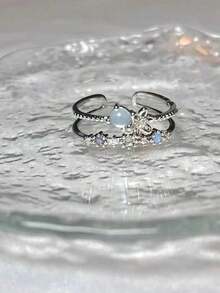 3 件时尚珠宝华丽轻盈 - 奢华百搭多层钻石镶嵌心形和花朵开口戒指，非常适合女性日常佩戴 - 彩色 - 查看 3