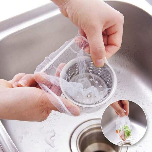 100片装厨房防堵塞水槽过滤网，洗碗池，水槽排水口残留物过滤器，垃圾袋，切水袋/1片可重复使用多次。它可以过滤掉小至芝麻粒的垃圾残留物，保持排水管畅通。厨房必备的过滤神器