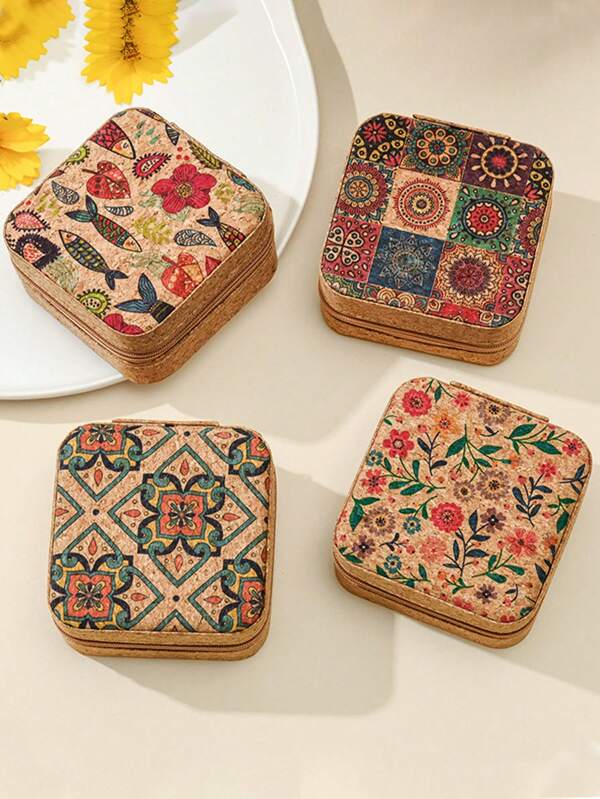 1pc Mini Retro Portable Travel Jewelry Box, Printed Zipper Jewelry Box For Earrings, Rings, Bracelets, Brooches, Necklaces, Jewelry Organizer, Back To School Accessory