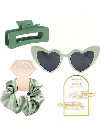 4pcs Bridesmaid Gift Set, Bridesmaid Hair Clip, Bridesmaid Headband, Bridesmaid Sunglasses, Bridal Party Gift, Silk Satin Soft Hair Accessories, Bridesmaid Wedding Gift, Women (Green)