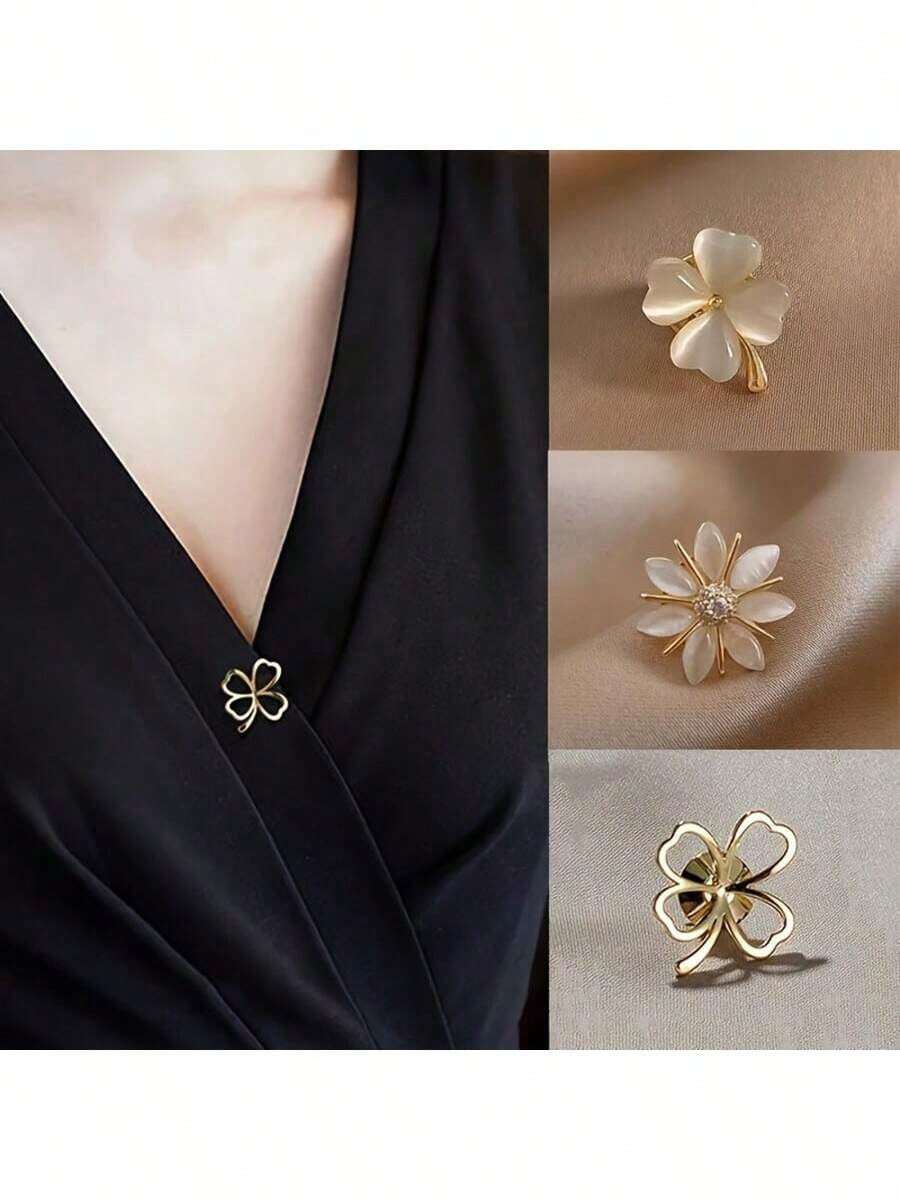 3 件套女士优雅花卉胸针，猫眼石花朵设计合金胸针，个性化配饰，适用于毛衣、围巾，可爱别针，防曝光连衣裙配饰，衣服包包饰品，学校办公室配饰，衬衫夹克珠宝，圣诞节万圣节衣服别针，有趣的教师礼物 - 金色 - 查看 1