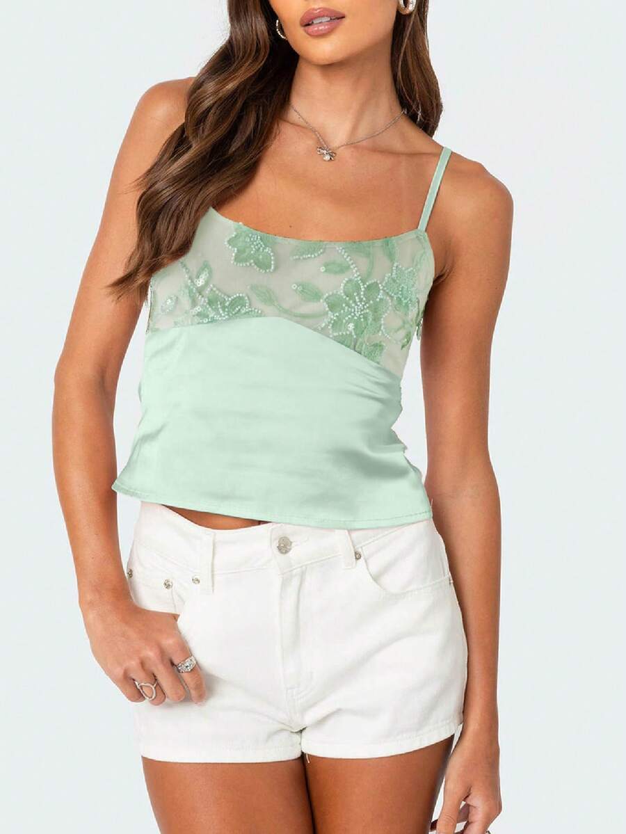 Top halter con lentejuelas para mujer, con cuello en V profundo, parte superior con cuentas, top de tirantes brillante y con brillo para salir, atuendos de fiesta - Verde - Ver 1