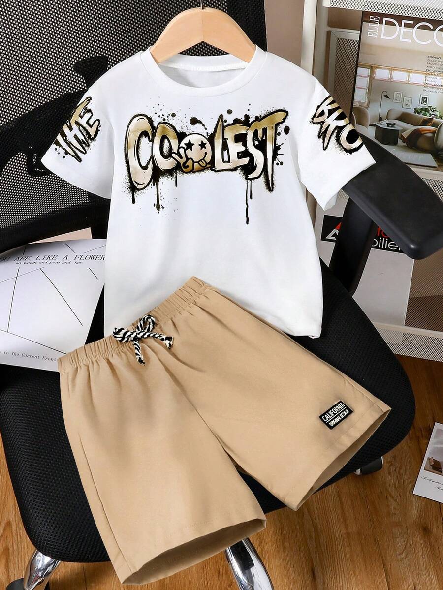 Ensemble t-shirt à manches courtes et short imprimé lettres pour garçons pré-adolescents - Kaki - Voir 1