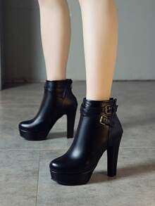 Autumn/Winter Waterproof Platform Fashionable Short Boots For Women, New Versatile Outer Wear Party Sexy Round Toe Thick Heel High Heels Black Boots - Black - View 4