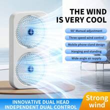 Powerful Dual Head Fan, 2x Cooling Effect, 3 Speed Mini Desk Fan With Quiet Operation, Options For Hanging, Placing On A Table, Or Carrying By Hand, Stylish Device For Outdoor Camping Perfect For Hot Days And Outdoor Activities,1800mAh