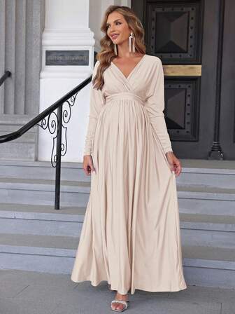 Joyfunear Maternity Simple Solid Color V-Neck Long Sleeve Dress