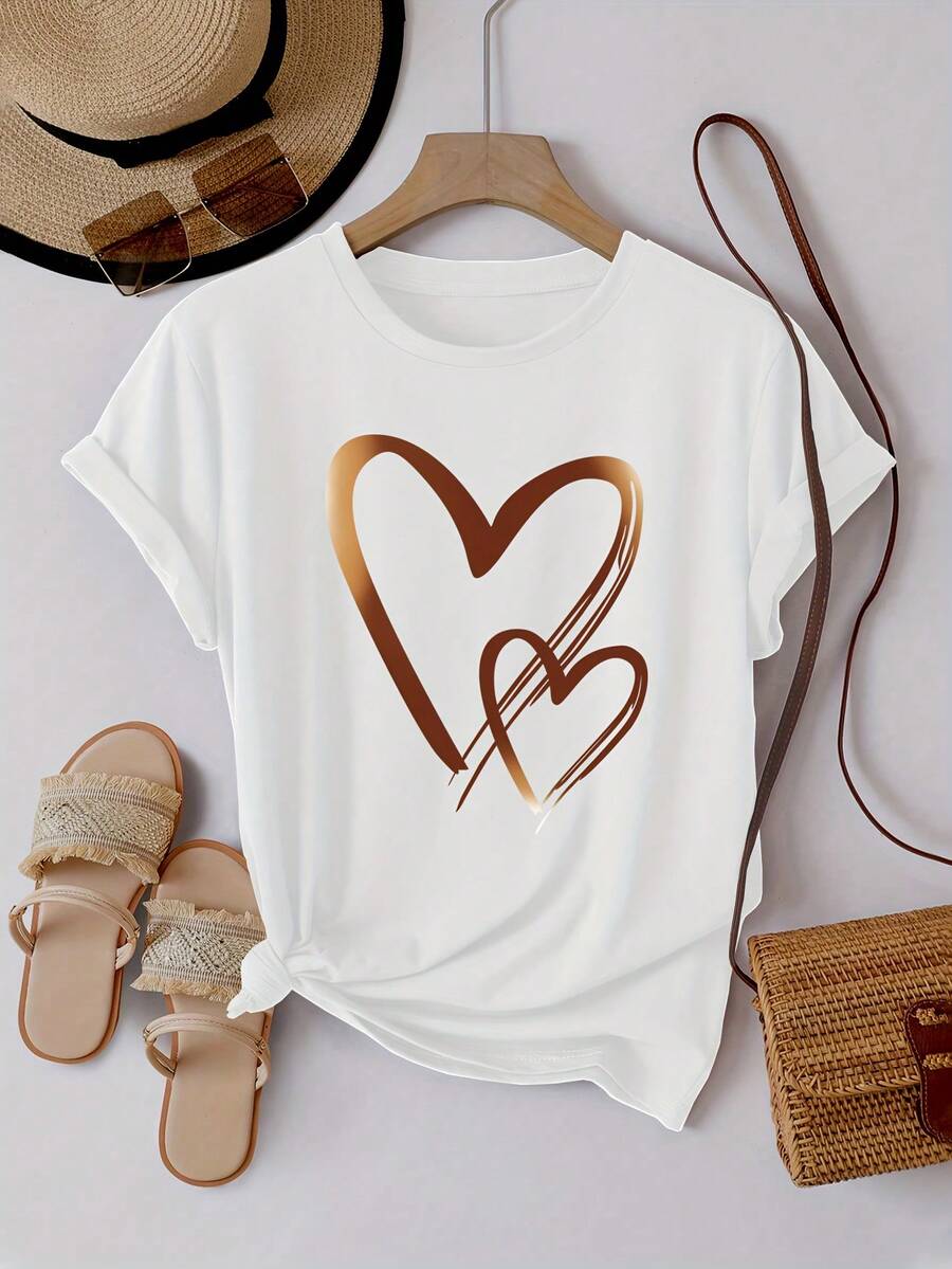 Women's Heart-Shaped Print Casual Sweatshirt T-Shirt - Soft And Comfortable, Round Neck Short Sleeve - Suitable For All Seasons, Women's Fashion