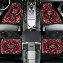 4pcs 2D Printed Car Floor Mats - Retro Bohemian Style Car Floor Mats, All-Weather Polyester Front & Rear Carpets, Car Accessories, Fit For Most Cars And SUVs - Holiday Gift For Everyone, Car Interior Accessories