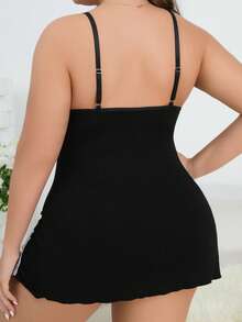 2-Piece Plus Size Women Lace Nightgown And Thong Panty Set, Black Spaghetti Strap Lace Lingerie Slip Dress, Sexy Deep V Backless Sleepwear With Stretchy Thong Underwear For Rave - 黑色 - 查看 9