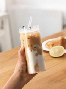 1pc Glass Cup, Square Clear Glass Tumbler With Straw And Lid, Transparent Simple Flat Home Coffee Cup, Clear Straw Bottle, Modern Glass Coffee Cup, Stylish Reusable Drinking Glass For Iced Coffee, Durable And Lightweight Glass Water Bottle, Summer Drink Straw Cup, Portable Water Bottle
