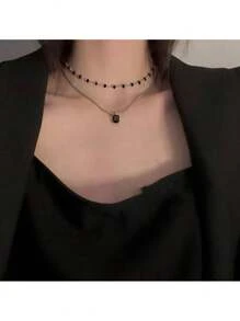 1pc Black Double Layer Diamante Inlaid Necklace, Minimalist Luxury Collarbones Chain For Women, Black Butterfly