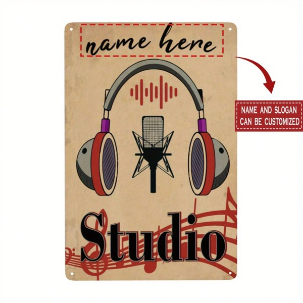 Customizable Vintage Music Studio Metal Sign - Personalized Name And Text, 8x12 Inches (20x30 Cm), Vintage Decor Plaque With Headphone And Microphone Design, Perfect For Customizing Your Space, Music Studio Decor | Vintage Metal Sign | Customized Metal Art, Music Room Decor, 2D Flat, Great For Room Decoration
