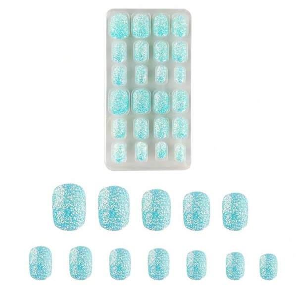 24 Pieces Kids Press On Nails Pre-Glue Children False Nails Stick On Short Full Cover Artificial Fake Nails Holo Glitter Acrylic Nail Tips For Little Girls Gift Blue Color