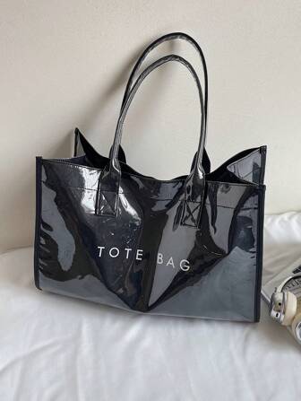 1. 大容量透明果冻袋，带材质提手，字母图案装饰，防水韩版男女通用包，女士休闲手提包，黑色简约单肩包，休闲日系风格，适合学生、健身、瑜伽和旅行，妈妈包，简约星形设计，绉纸材质，复合纸