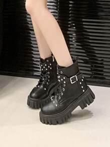 女式2025厚底休闲踝靴，系带，粗跟，防滑 - 黑色 - 查看 3